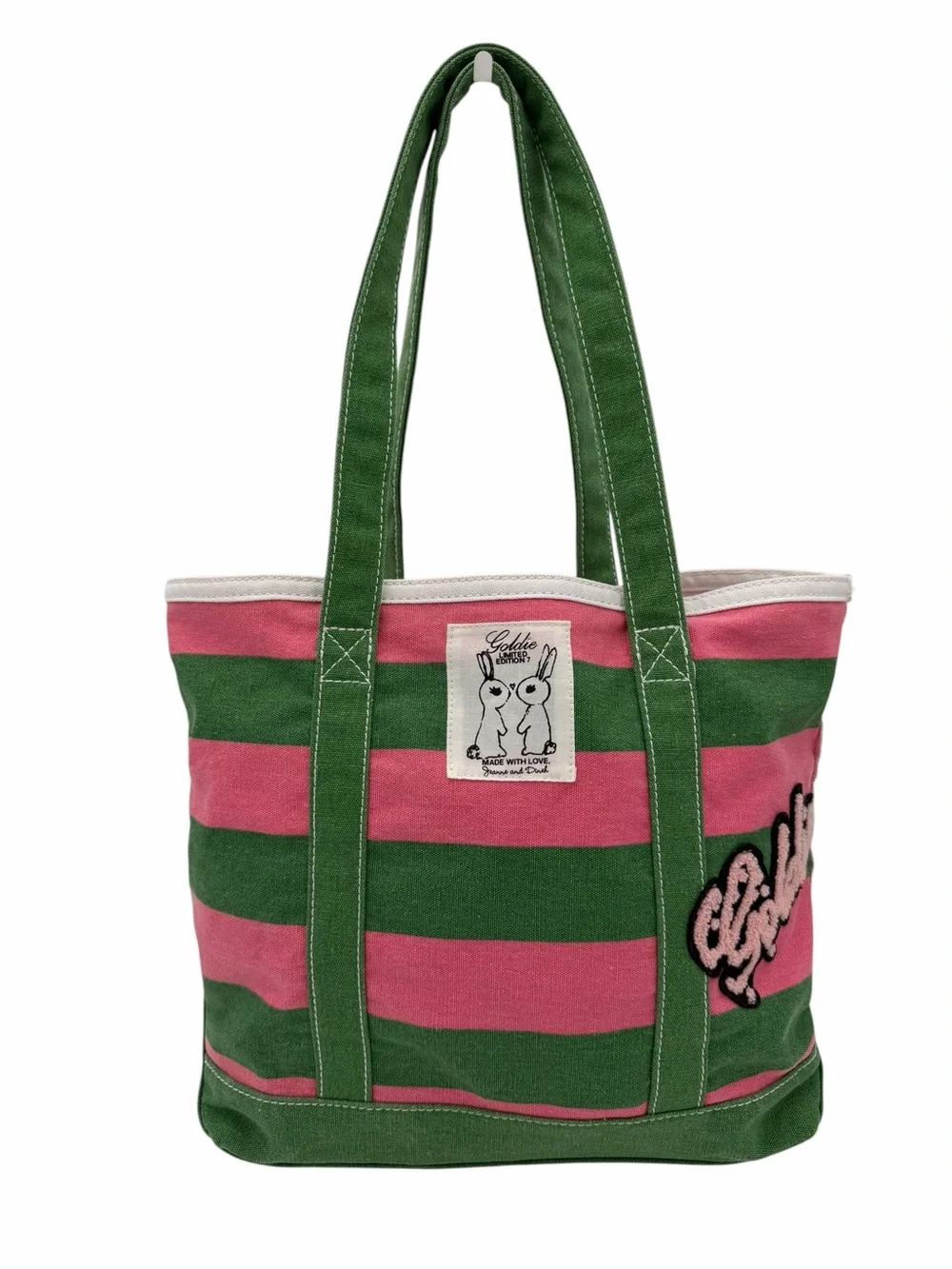 Goldie 7 Jeanne & Dineh Limited Edition Y2K Pink Green Striped Canvas Tote